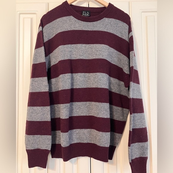 JoS. A. Bank Lambs Wool Blend Burgundy Gray Striped Crew Neck Sweater XL - Picture 2 of 3